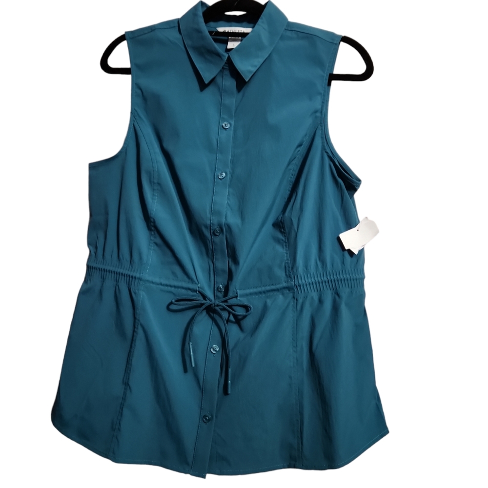 Athleta teal Levitate Poplin sleeveless button down top size large